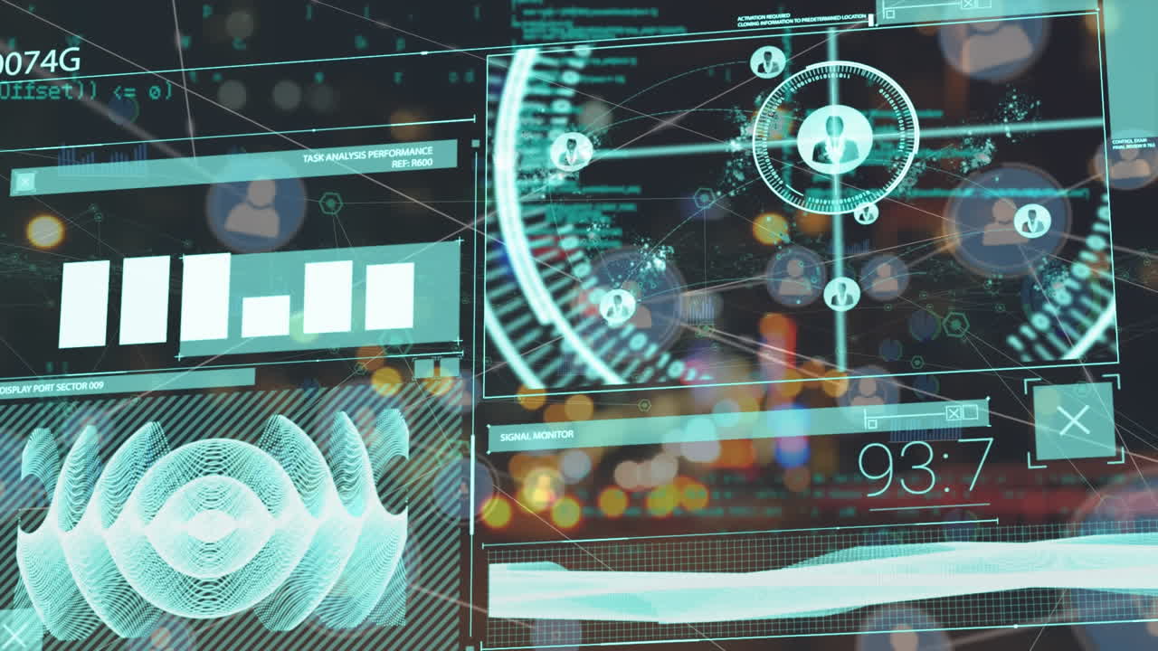 Animation of connections and data processing over cityscape