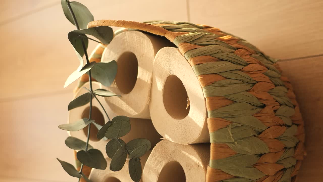 Toilet paper rolls in a basket with eucalyptus