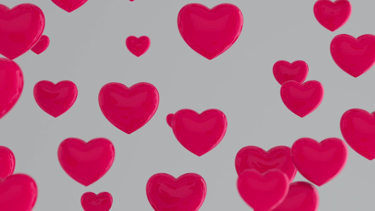 corazón rosado volando sobre fondo gris. símbolos de amor para mujeres felices, madre, día de san valentín, diseño de tarjetas de felicitación de cumpleaños. muchos corazones rosados. concepto romántico. bucle de animación 3d de 4k