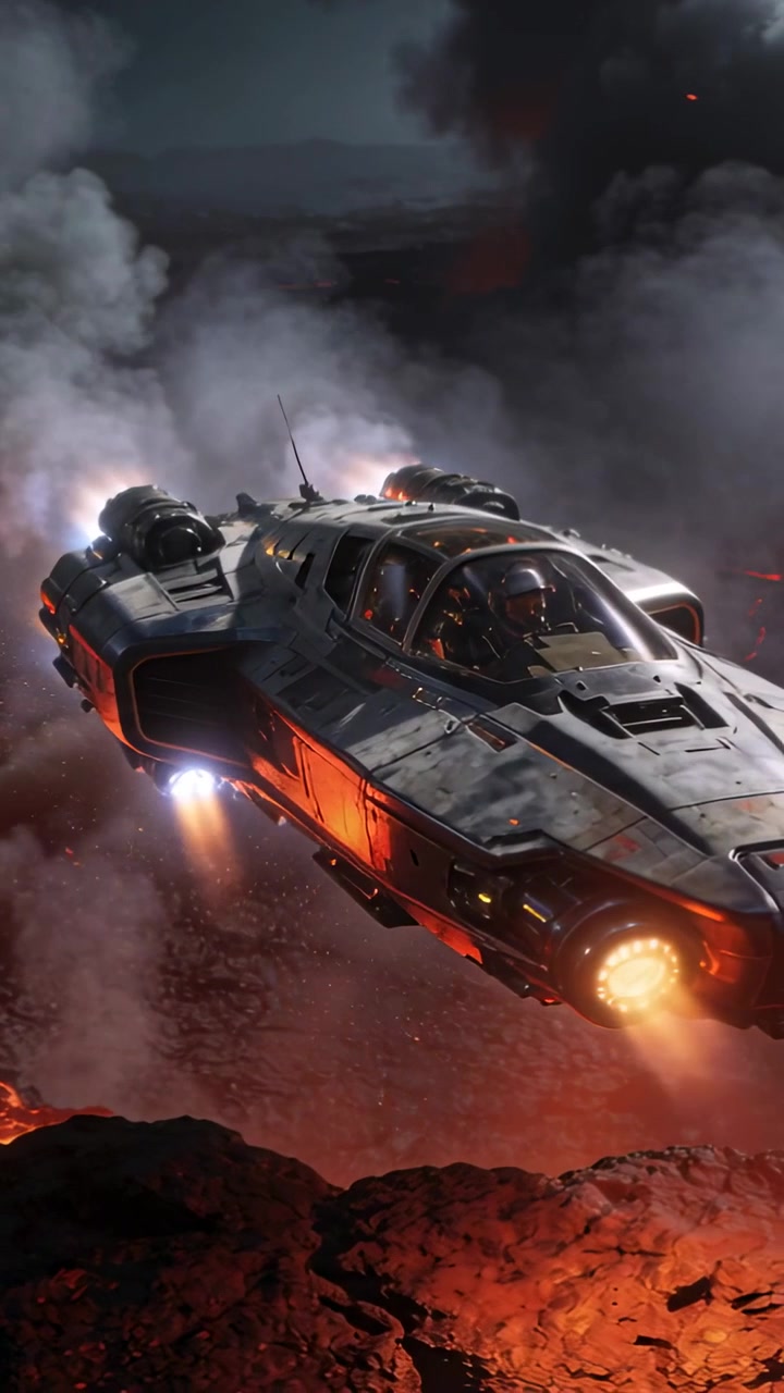 Video verticale: Nave corazzata volante con i propulsori accesi, virando bassa sopra la lava, pilota con elmetto che effettua regolazioni.