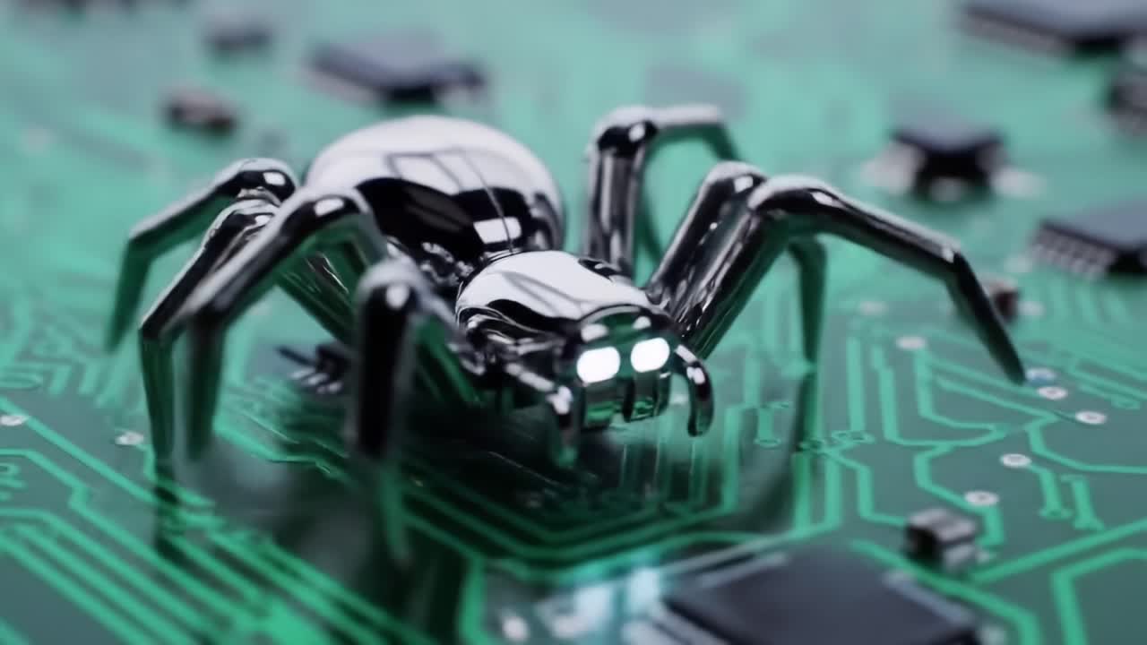A futuristic robotic spider with a metallic sheen and glowing eyes crawls across a circuit board, showcasing the fusion of technology and artificial life in modern design