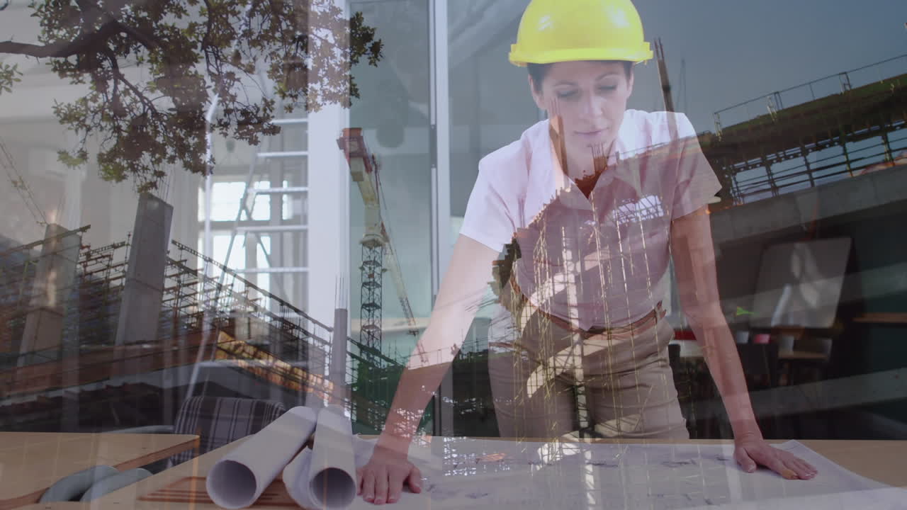 arquitecto femenino mirando planos con sitio de construcción