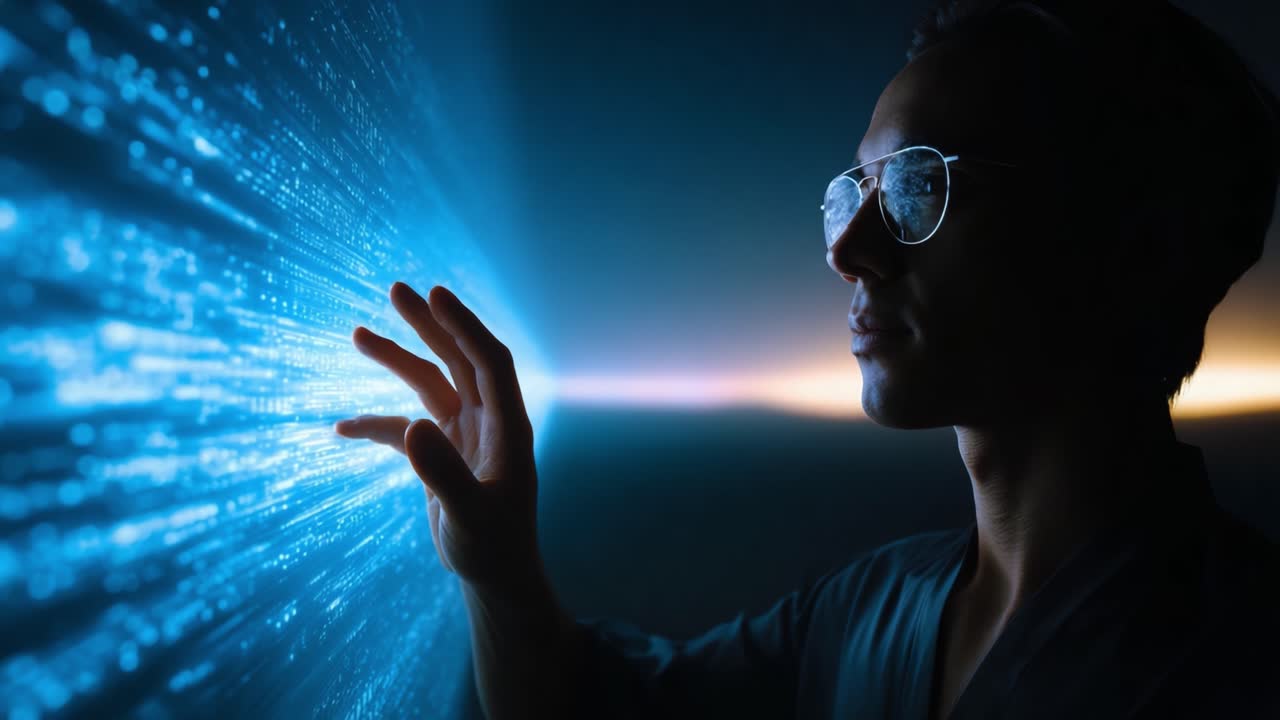 Un uomo con un'interfaccia digitale, che esplora tecnologie futuristiche, realtà aumentata e l'interazione tra luce e informazioni in un ambiente virtuale