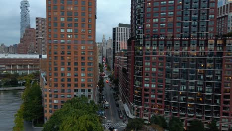 aerial drone view towards the apartments and schools on the chambers st, in tribeca, new york