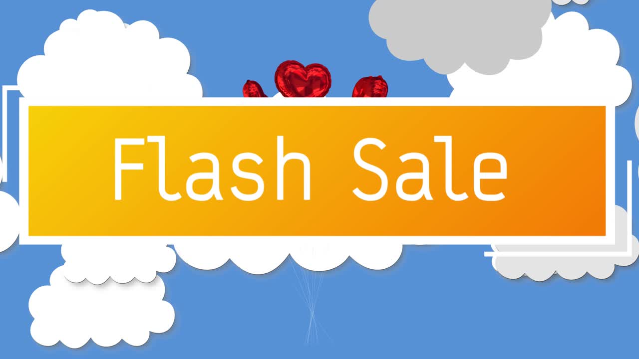 파란 하늘에서 떠다니는  ⁇ 은 심장 풍선에 대한 노란색 배너에 플래시 판매 텍스트