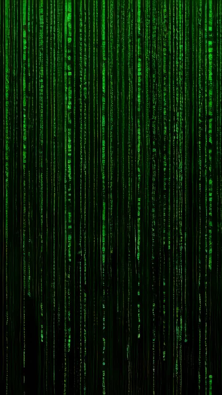 Vertical video: Starting green code columns rising in portrait view, forming saturated digital rain
