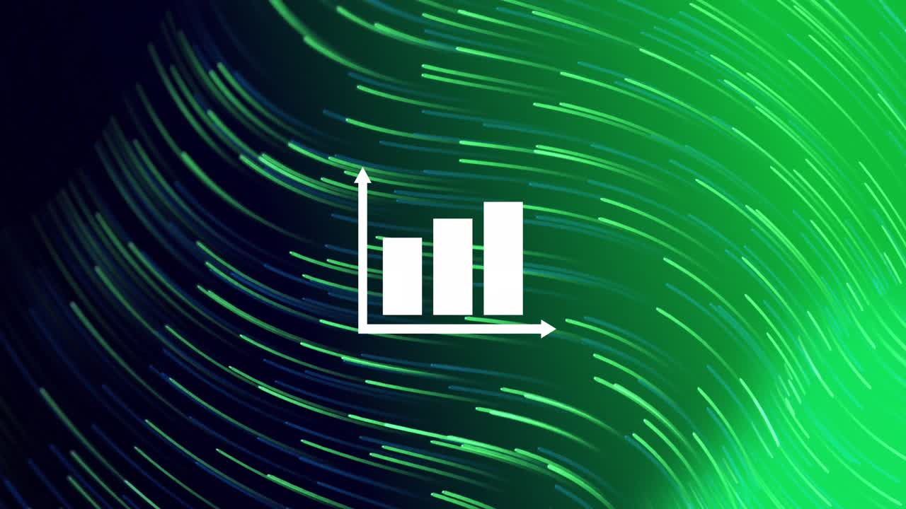 Animation of bar graph icon over wavy light trails against green gradient background