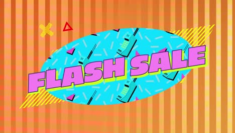 Flash-Sale-Grafik-Auf-Blauem-Oval-Mit-Mobiltelefonen-Auf-Orange-Gestreiftem-Hintergrund