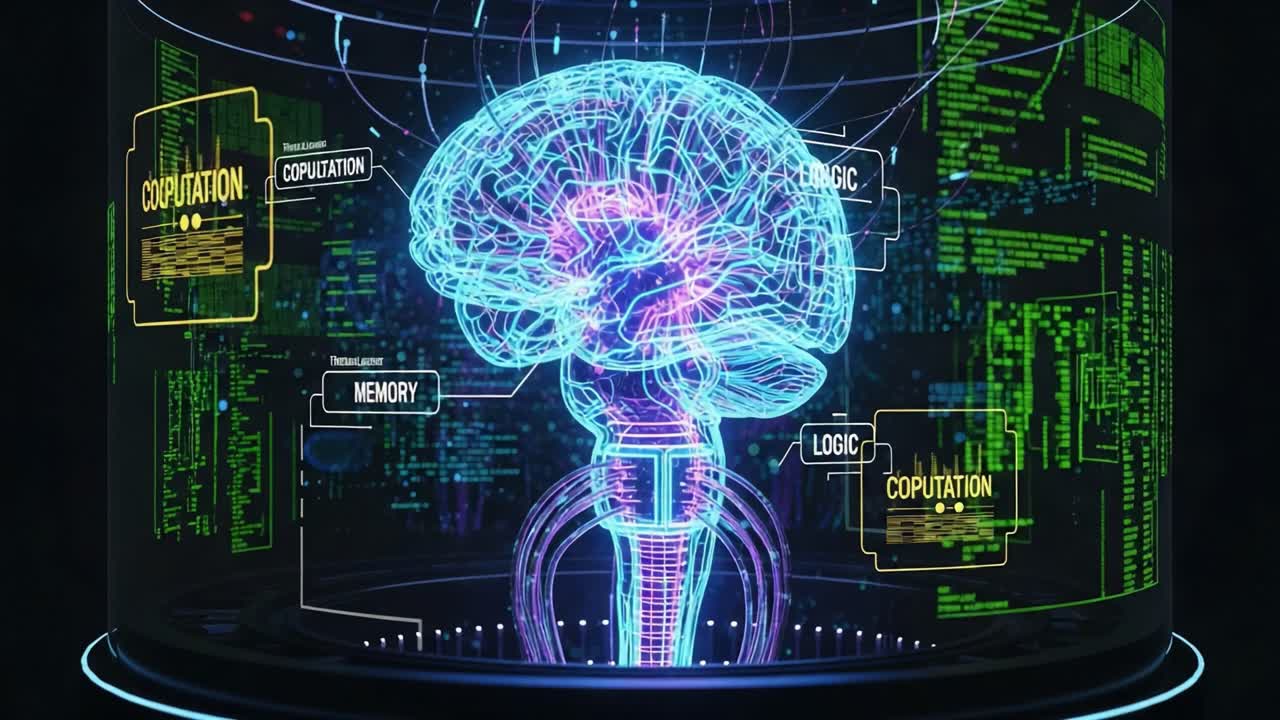 A Futuristic Concept of Brain Functionality Represented Through Neon Graphics Highlighting Logic, Memory, and Copulation in a Technological Environment