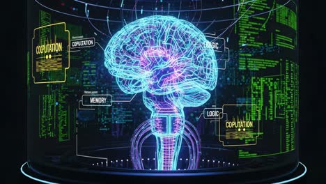 a futuristic concept of brain functionality represented through neon graphics highlighting logic, memory, and copulation in a technological environment