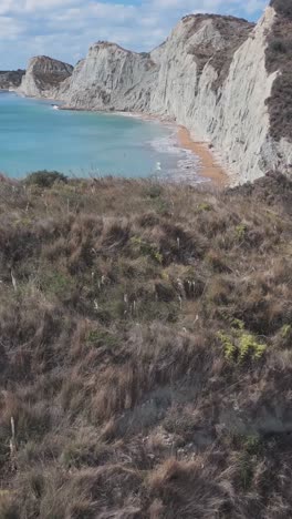 coastal scenery with white cliffs and red sand beach