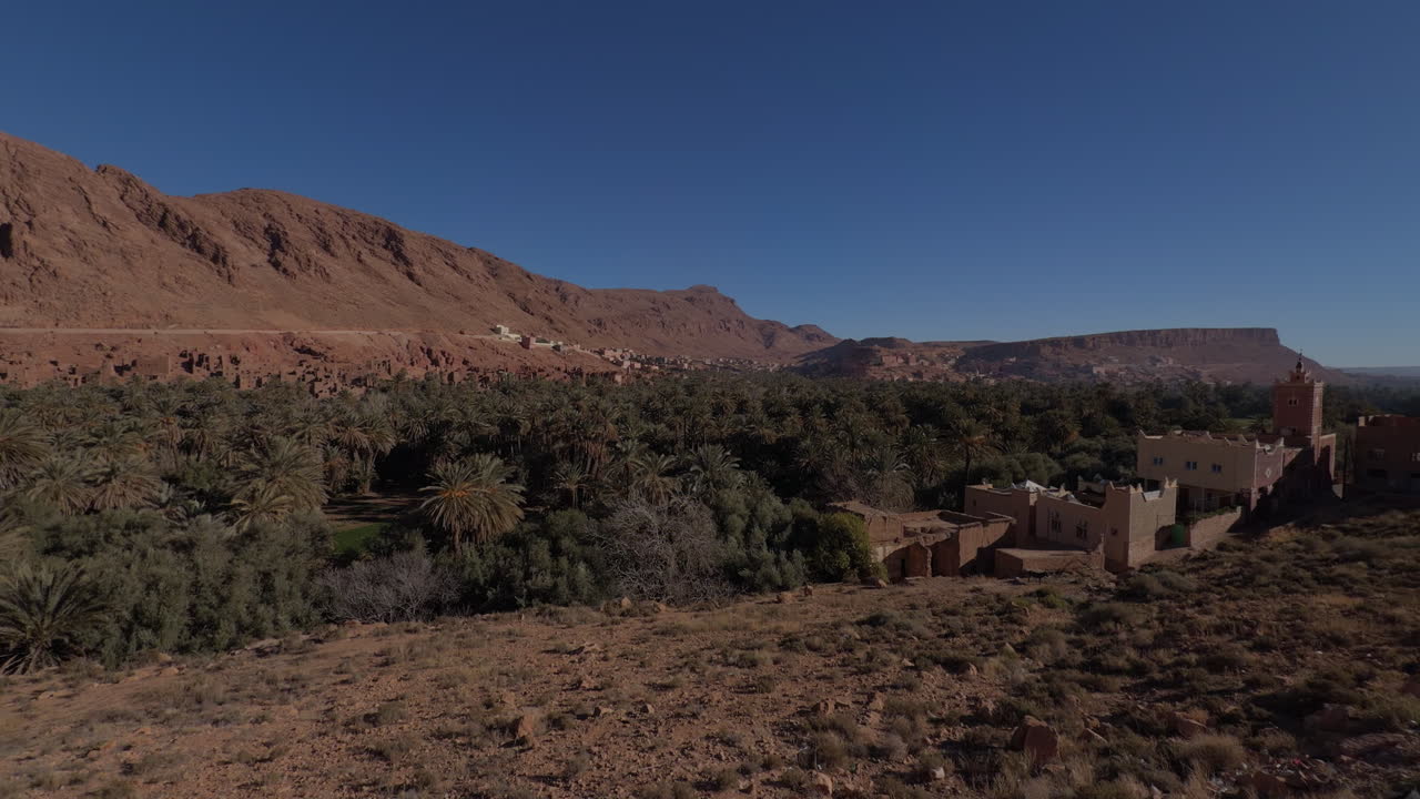 Paesaggio del deserto marocchino: villaggio oasi, palmeto e montagne rocciose dell'Atlante