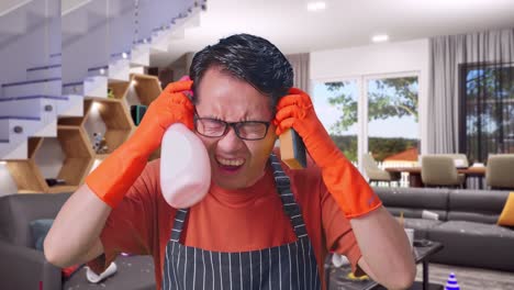 close up of asian male housekeeper with an apron with a spray and kitchen sponge then having a headache in house
