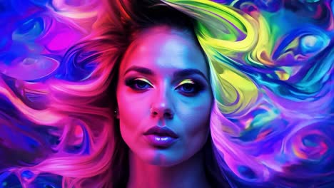 mulher com cabelo vibrante e brilho de néon.