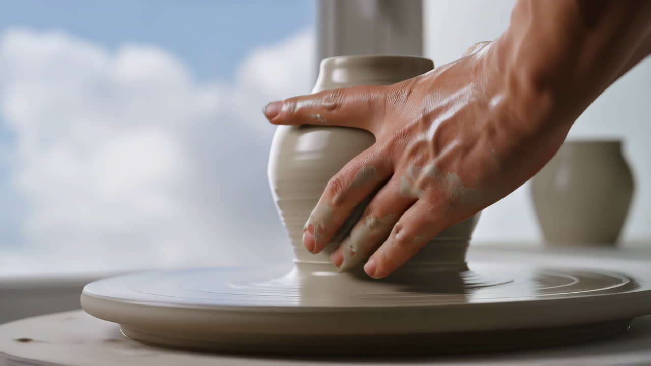 Close-up of hands shaping a clay pot on a potter's wheel