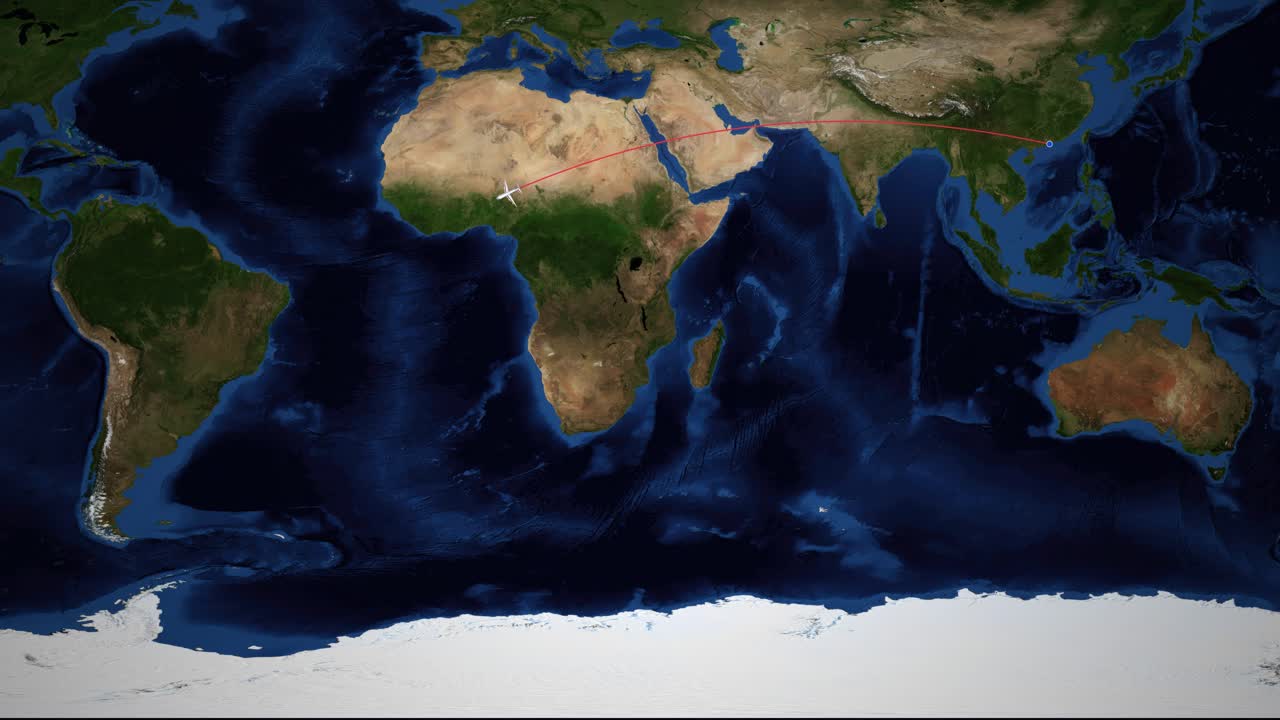 Satellite world map animation follows an airplane icon flying from Hong Kong to Sao Paulo