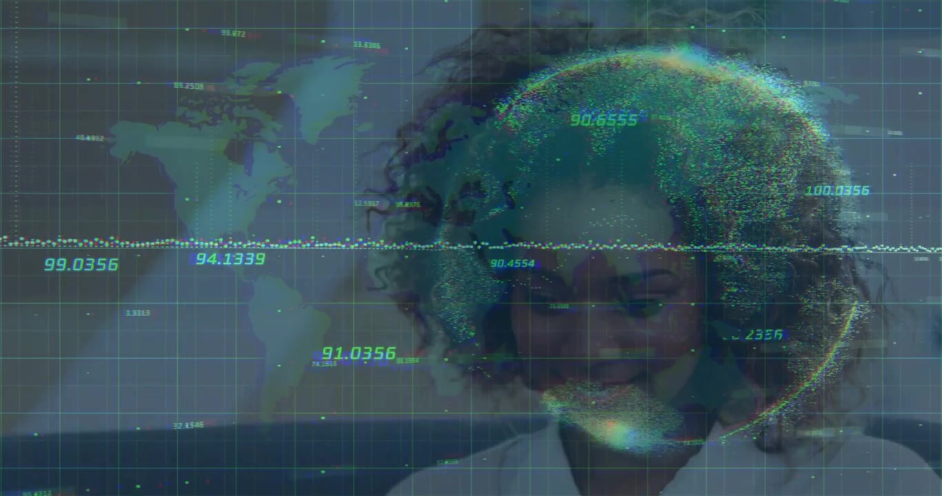 Female analyst receiving live data, watching globe overlay and waveform animating for data analysis
