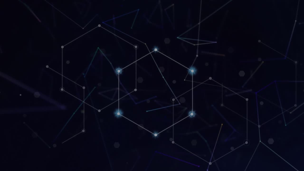 Animation of shapes over network of connections on black background