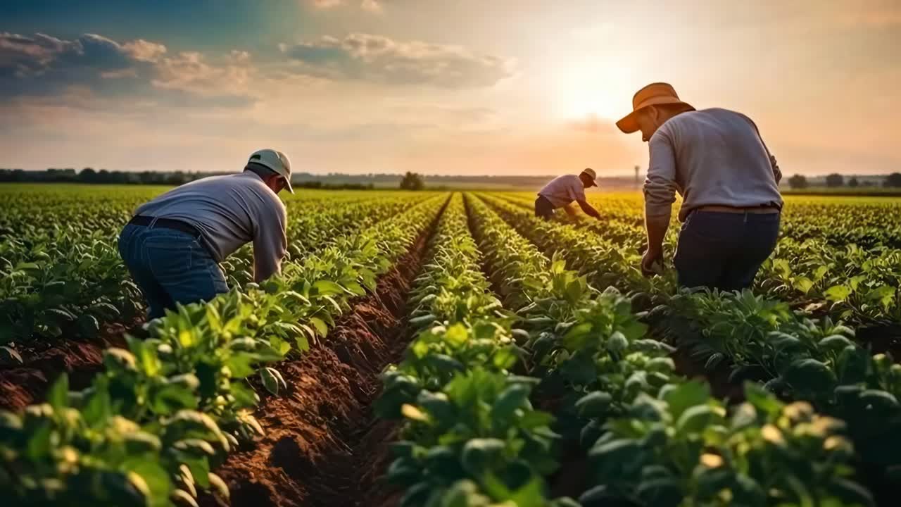 A video still of farmers working in a lush field at sunset, captured from a low angle