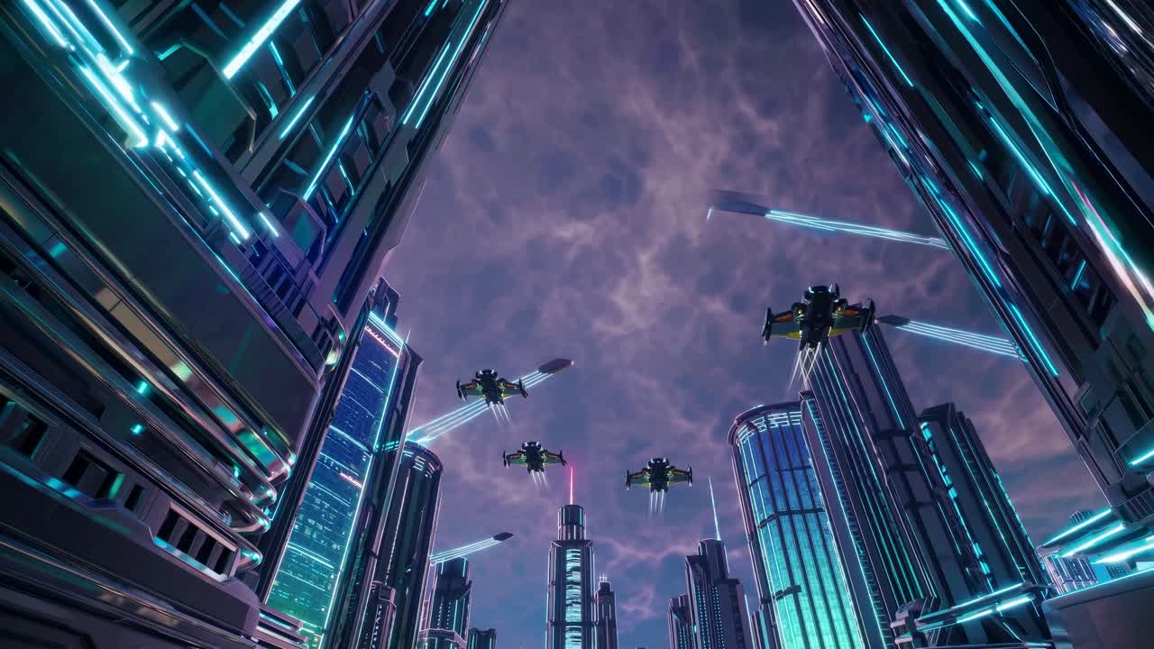 Paesaggio urbano futuristico al crepuscolo con veicoli volanti