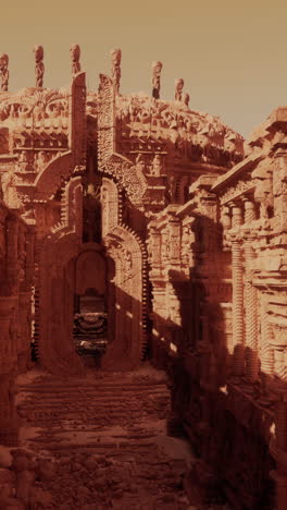 a grand stone structure with intricate carvings, resembling a temple or ancient city, in a desert environment.