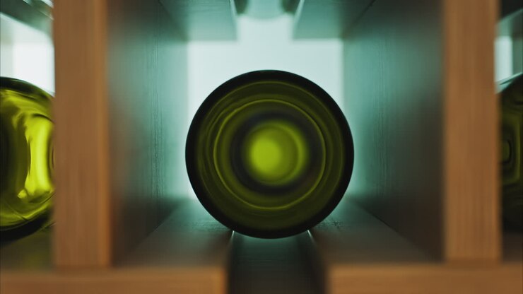 Close up of the bottom of an empty, green, wine bottle on a shelf