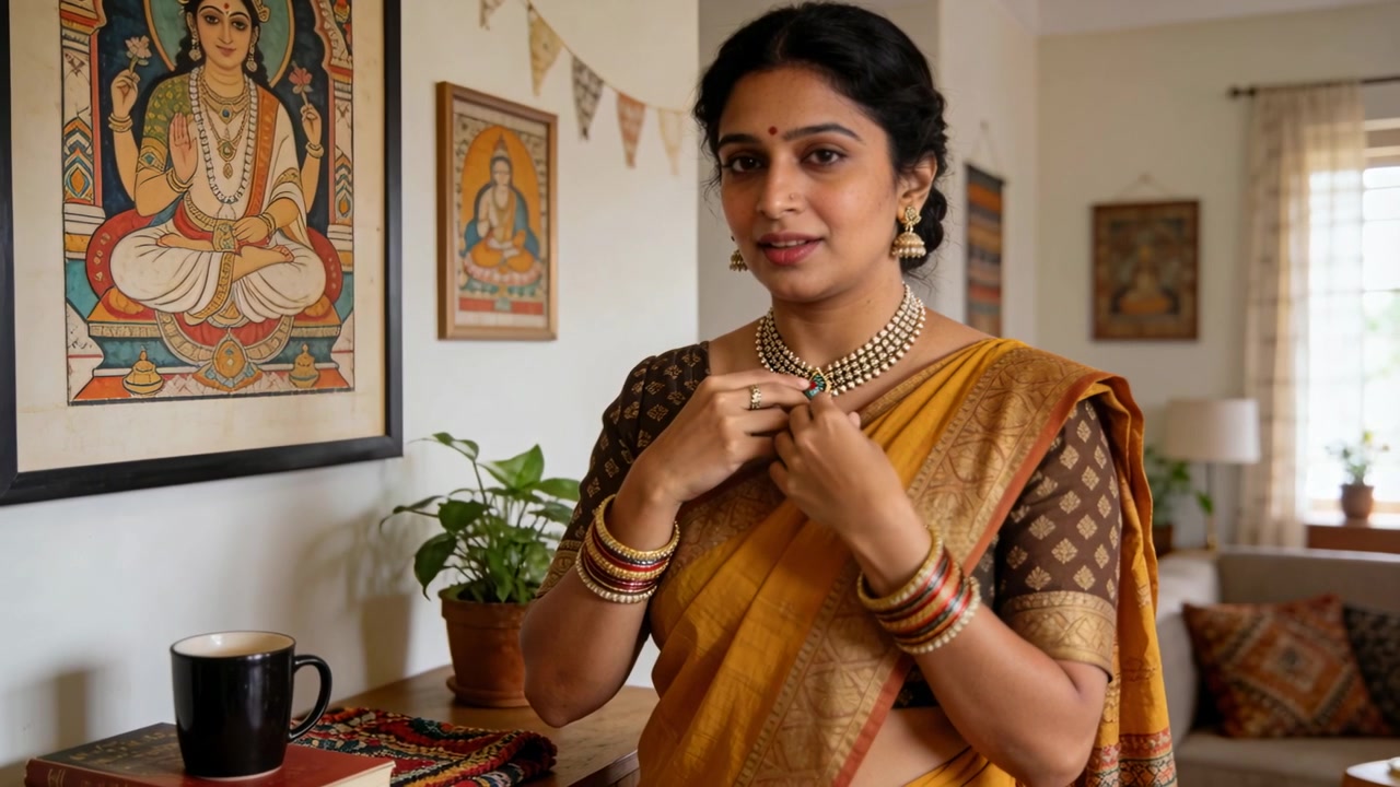Preparazione per la puja: Signora indiana in sari color senape che sistema un girocollo a un tavolo con arte sacra, mentre riordina i braccialetti.