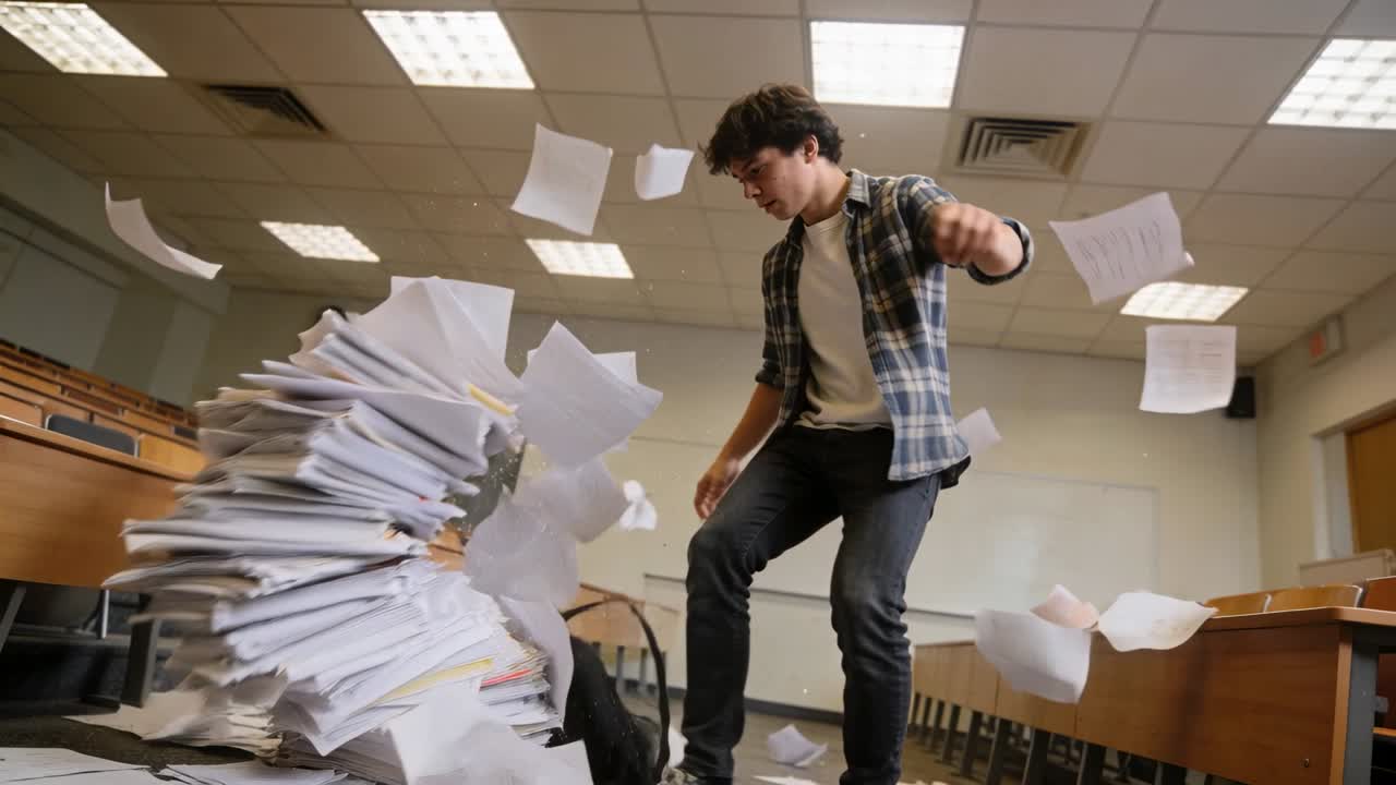 Male student nudging stack in lecture hall, animated pages scattering, bracing and assessing mess