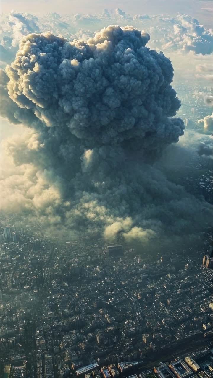 Veduta aerea di un'enorme nuvola di fumo su un paesaggio urbano, catturata in uno stile drammatico e cinematografico.