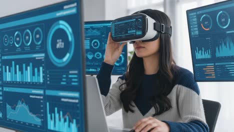 engaged in virtual reality: a female user interacting with data visualization on multiple monitors while wearing a vr headset, immersed in technology