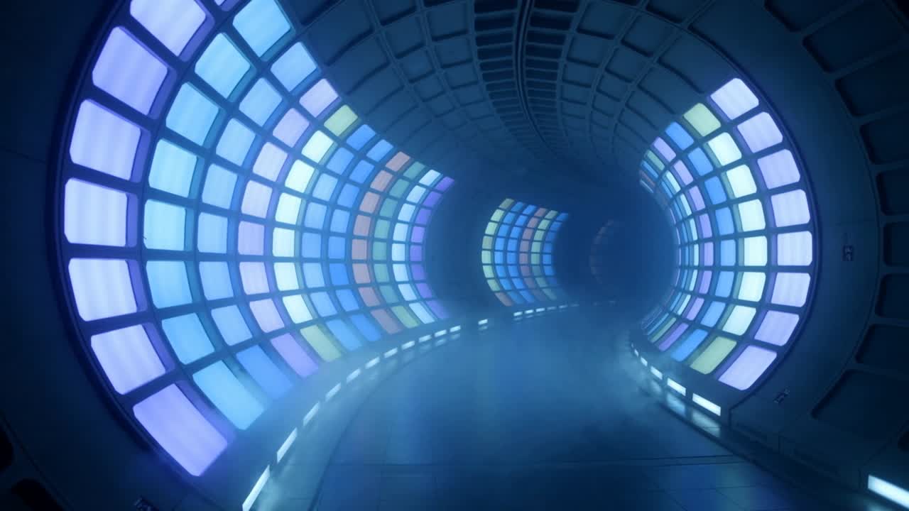 On play, camera moving through tech tunnel, showing panels, haze, floor strip for designers