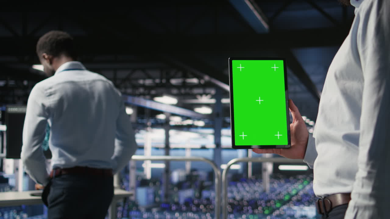Close up of data center admin using mockup tablet to update software