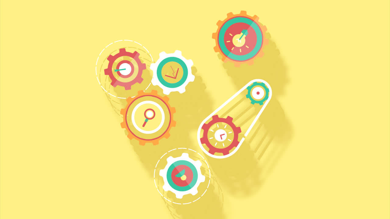 평평한 디자인의 기어를 가진 노란색 배경의 모션 그래픽