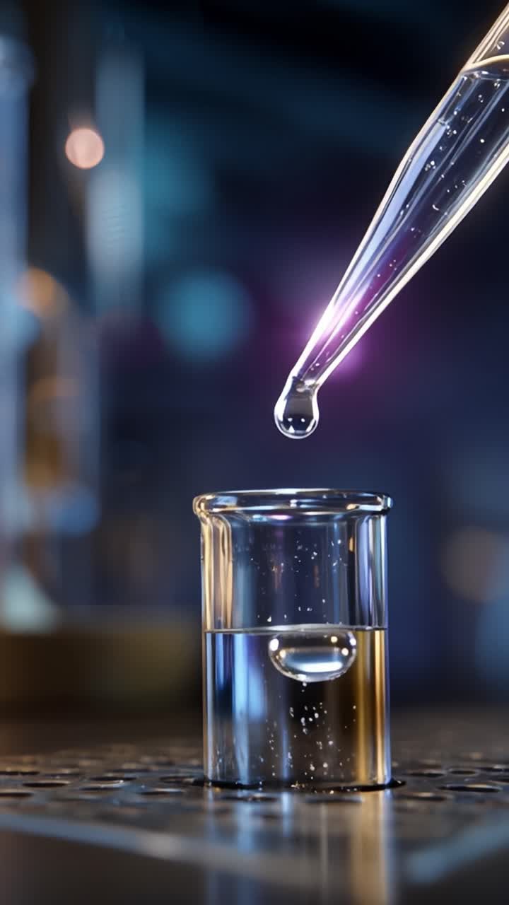 Un primo piano di una pipetta che fa gocciolare un fluido in un becher da laboratorio, mettendo in mostra la sperimentazione scientifica e la precisione nella ricerca chimica.
