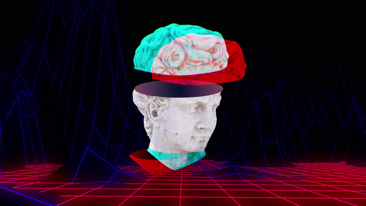 animación de una escultura de cabeza antigua con fondo de metaverso de cuadrícula.