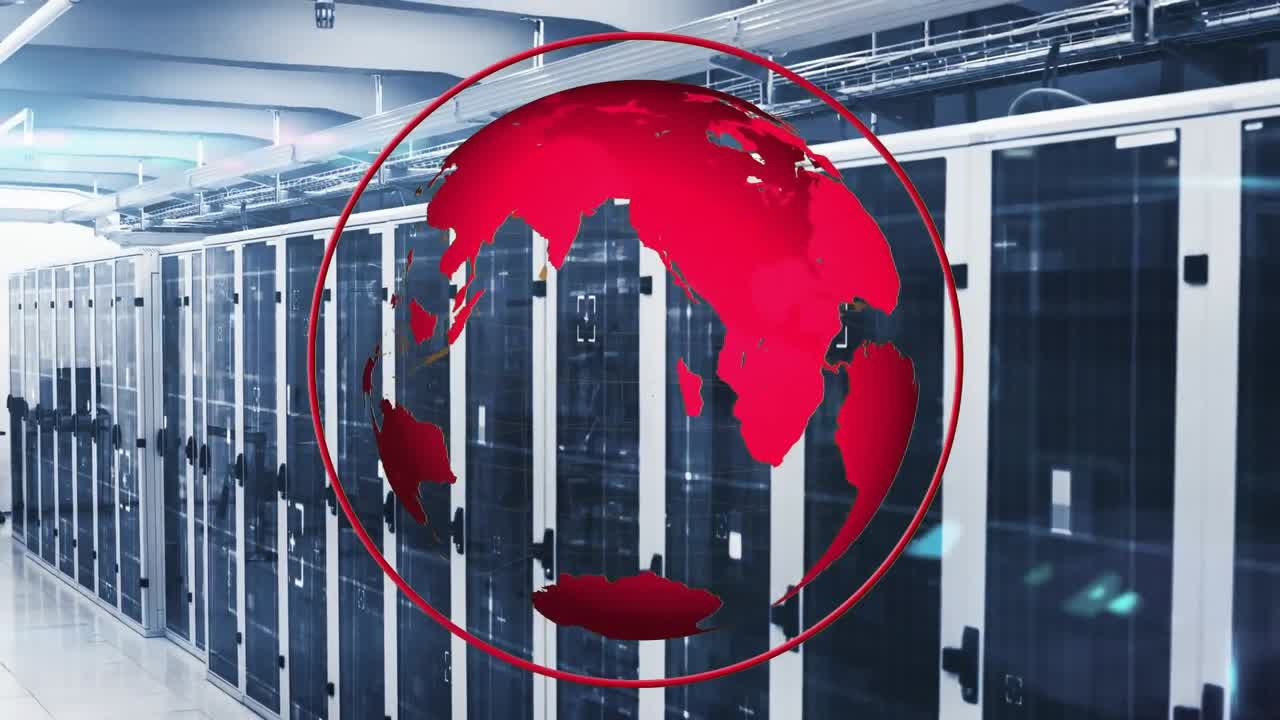 Animation of red globe rotating over data server systems