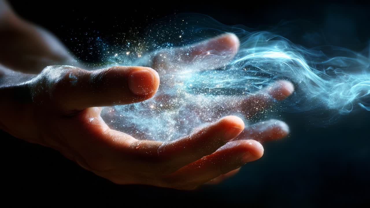 A Hand Embracing Cosmic Energy: Capturing the Ethereal Beauty of Light, Magic, and the Universe Through a Dazzling Display of Sparkles and Colorful Glows in a Spellbinding Moment