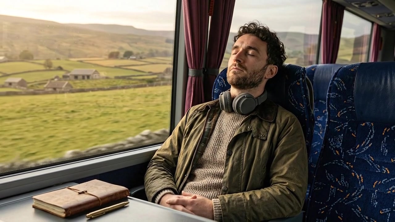 Passengers Resting During Train Journey Through Scenic Countryside