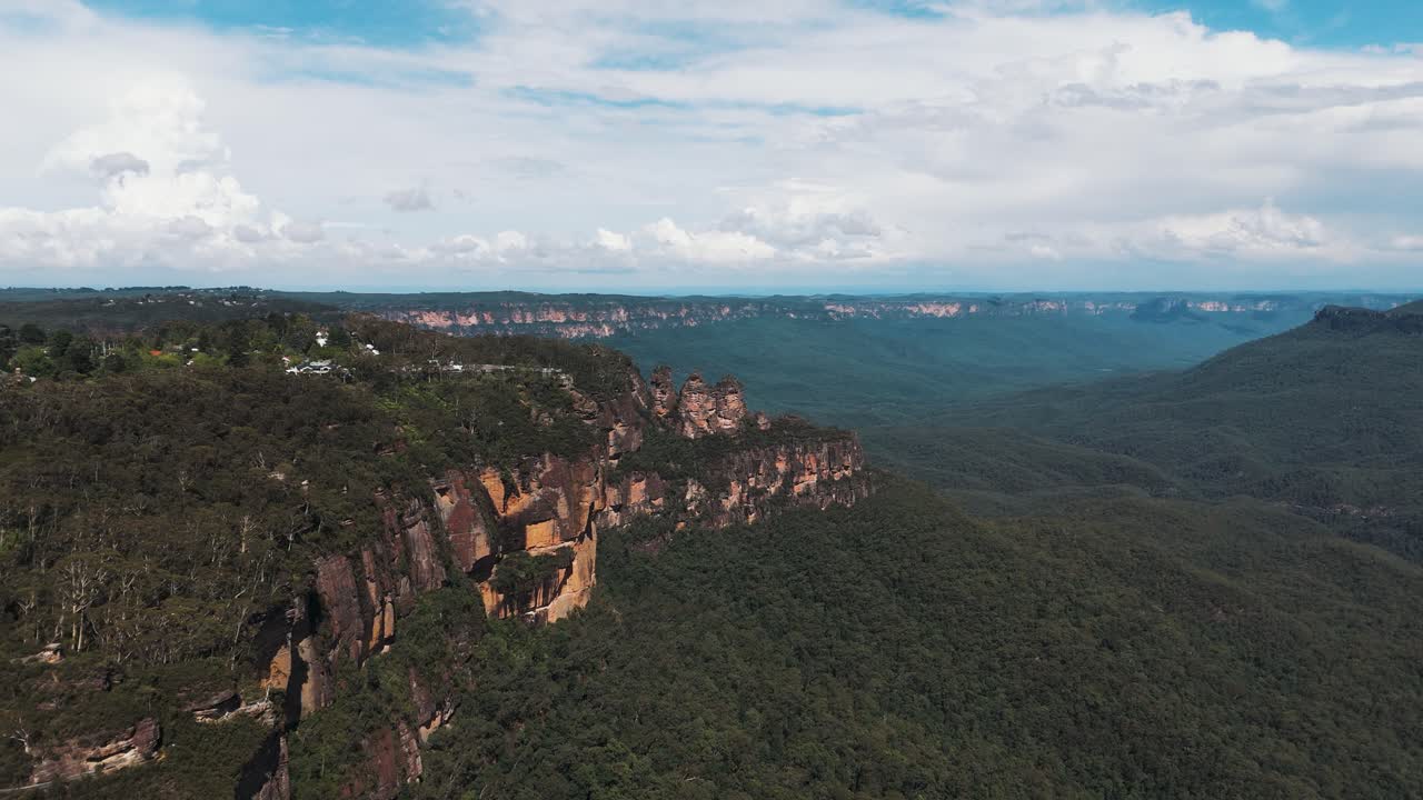 Aerial view of the famous Three Sisters rock formation in the Blue Mountains of Australia.