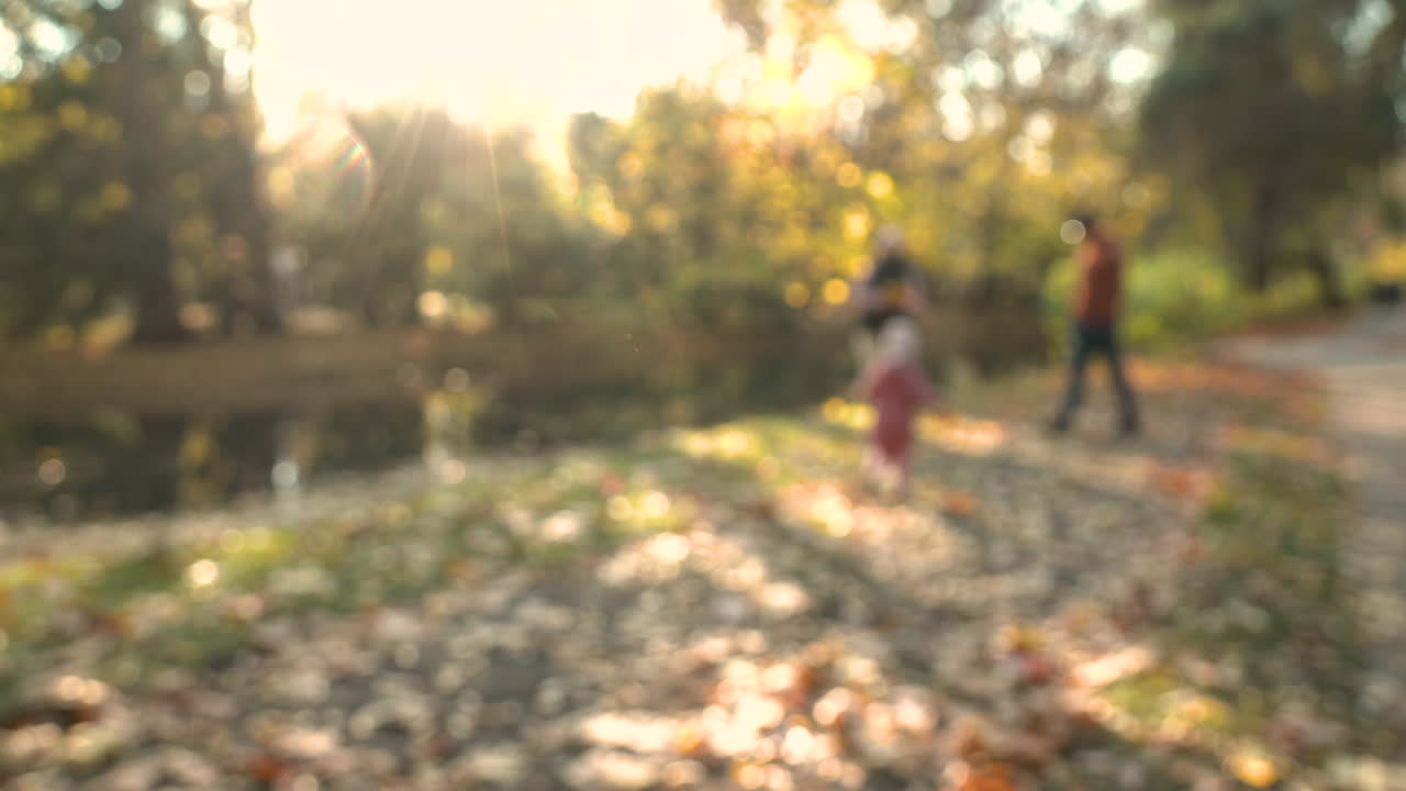 vista desenfocada de una familia disfrutando su fin de semana en el parque oliwski en gdansk, polonia