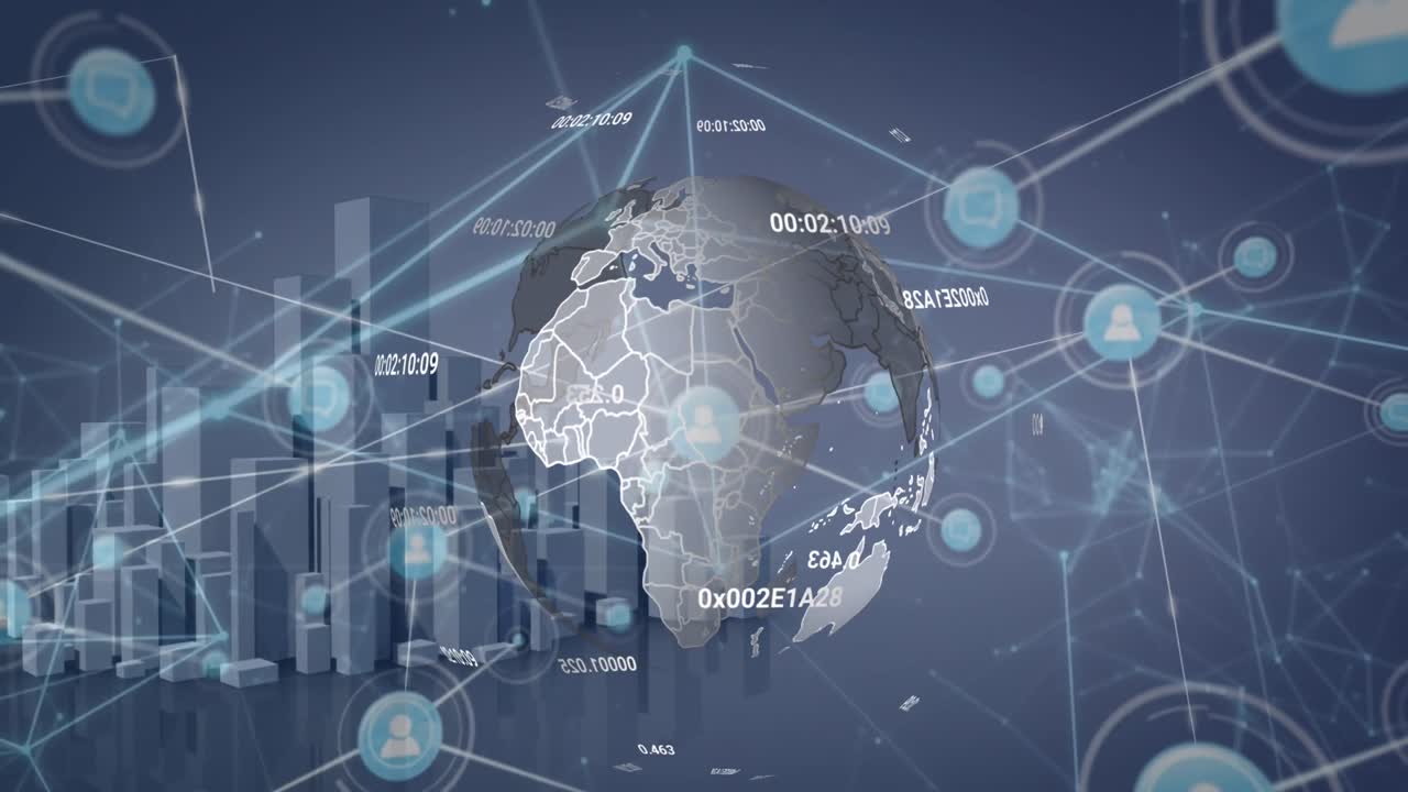 추상적인 배경에 대해 전 세계에 걸쳐 변화하는 숫자 위에 연결된 아이콘의 애니메이션