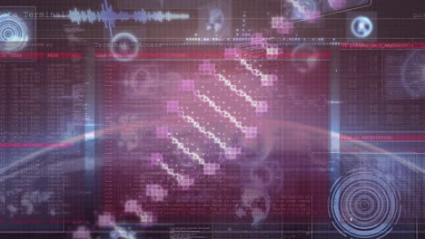 Animation of dna strand over network of connections on dark background