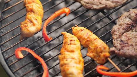 Top-down-shot-of-the-meat-and-vegetables-lying-on-the-grill-grate