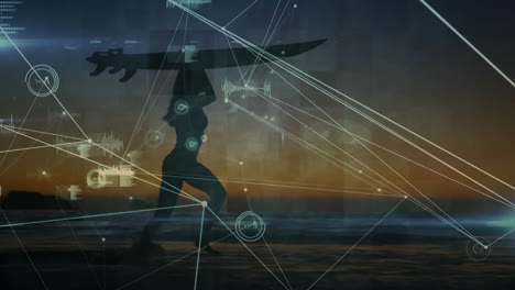 woman carrying surfboard walking water at sunset, showing technology network lines and data nodes