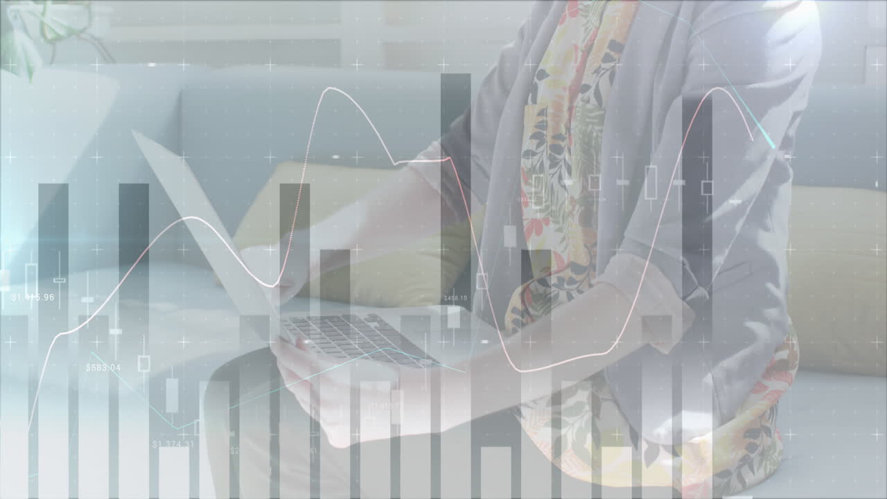 Animation of digital interface showing statistics with woman disinfecting laptop