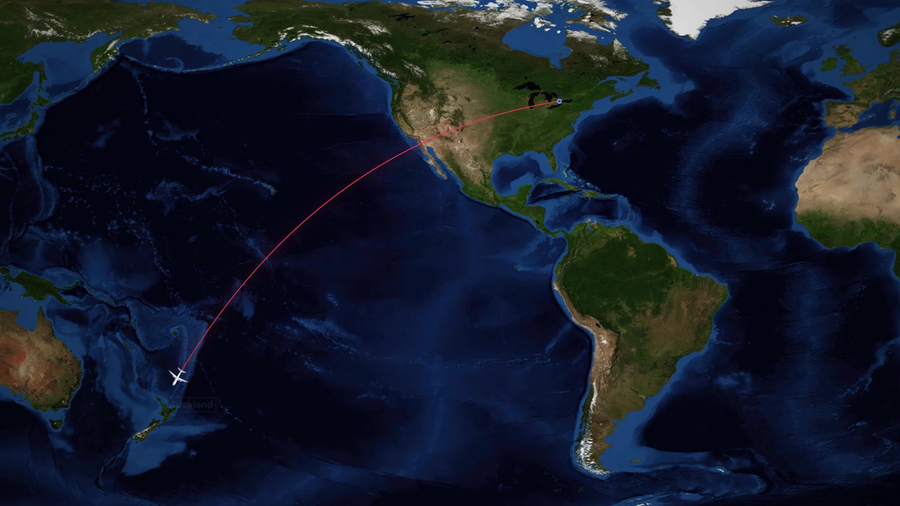 Satellite world map animation follows a plane flying from Toronto to Auckland across the Pacific