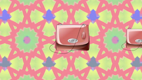 animación de bolsos de mano rosados sobre un fondo caleidoscópico de colores
