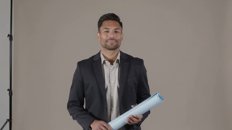 Recording starting, man in blazer presenting while moving pose and holding blue plan tube in studio