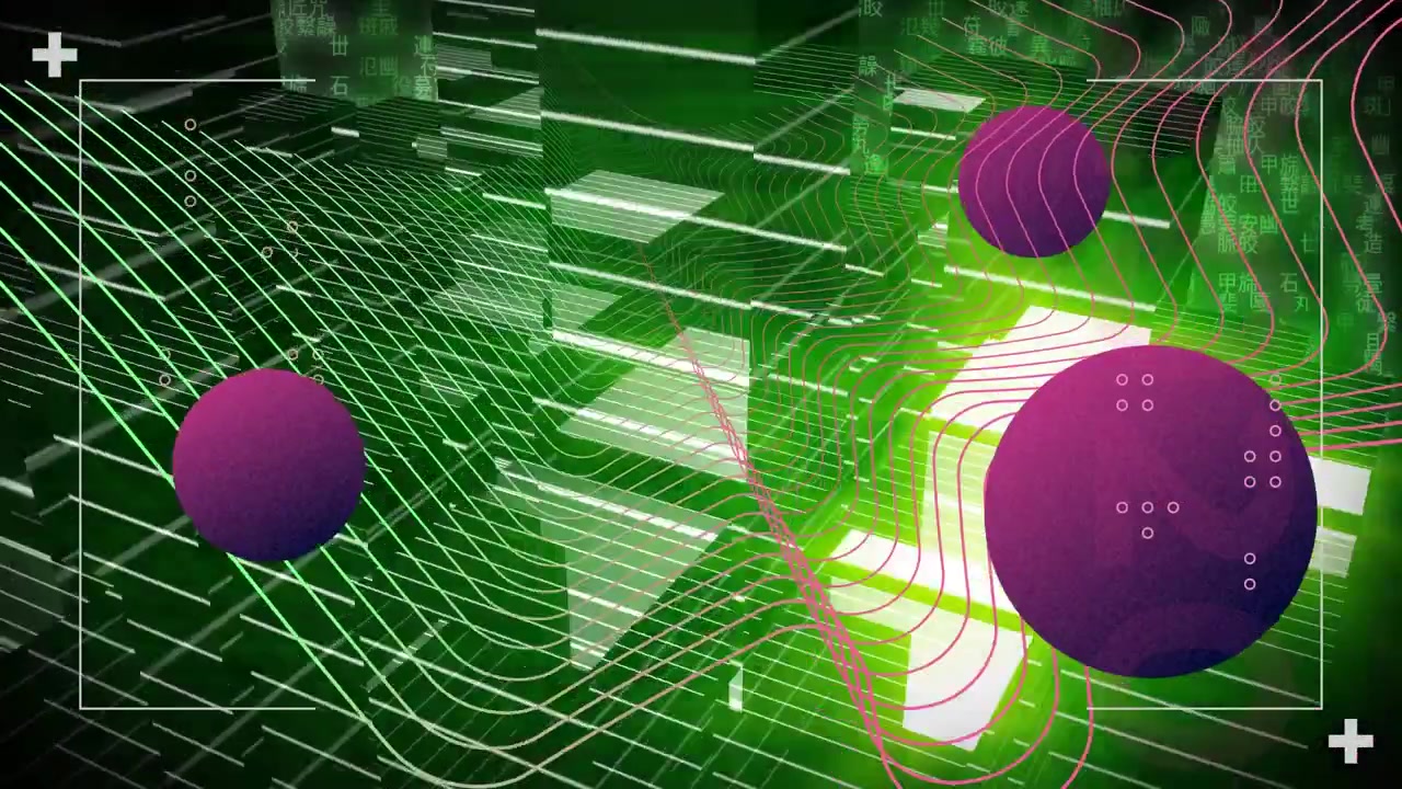 Animation of moving shapes over digital cityscape