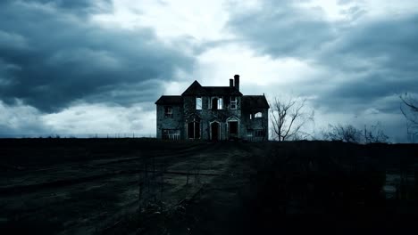 abandoned house stands isolated in a field, with ominous clouds gathering overhead, creating a spooky atmosphere